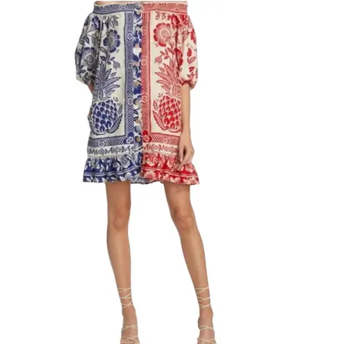 Farm Rio Mixed Pineapple Garden Mini Dress Red Blue Patchwork Floral Size XS