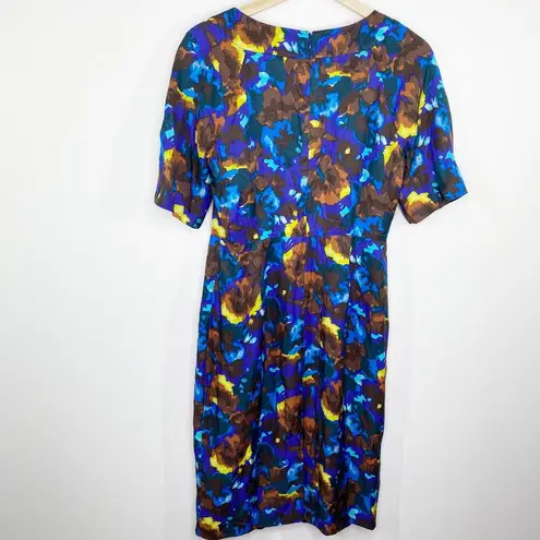 Boden Blue Brown Yellow Printed Short Sleeve Silk Blend Dress Womens Size 6 Long