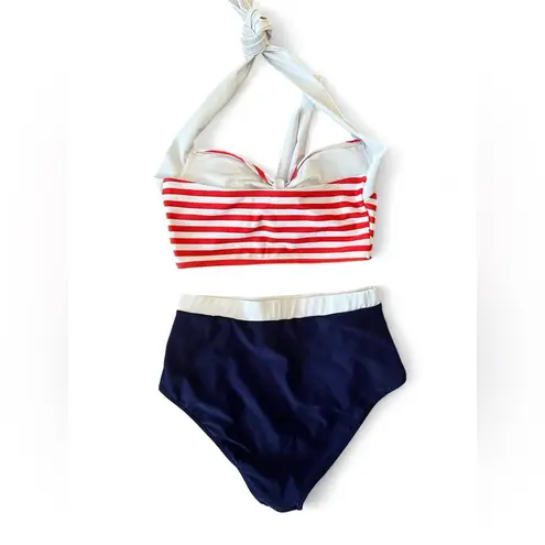 Red and White Striped Bikini Top with Navy High