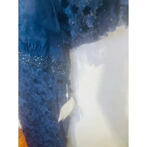 Mac Duggal 67712 Dark Blue Beaded Floral Lace Cape Short Sleeve Dress Size 16