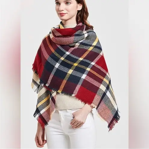 Classic Plaid Blanket Oversized Cozy Shawl Scarf Red
