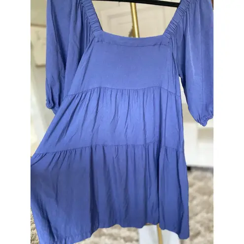 Hunter & Brown Mini Dress Square Neck Puff Sleeve Lightweight Buttery Soft Event Blue Size M