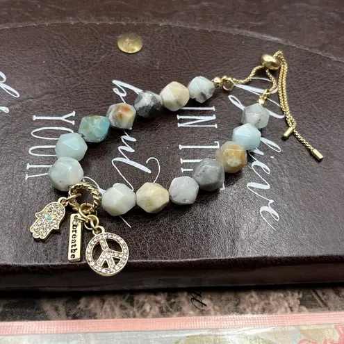 Handmade Boho Agate Bead Bracelet Adjustable w/ Peace & Breathe Charms Indie Spirtual