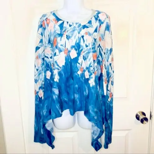 Anthropologie  Meadow Rue Floral Watercolor Linen Top Scarf Hem Blue Orange S