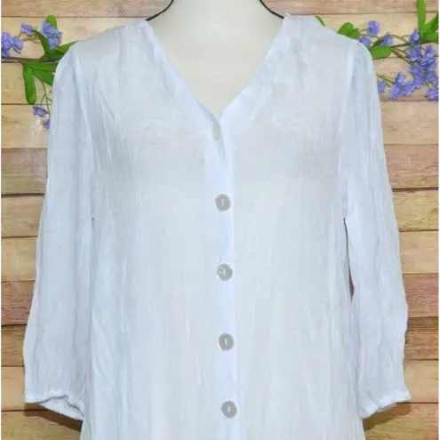 Mlle Gabrielle White Gauzy Sheer Button Up 3/4 Sleeve V-Neck Shirt Dress Size XL