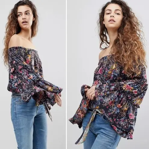 Free People Free Spirited Off The Shoulder Top Bell Sleeve Boho Floral Blouse XS