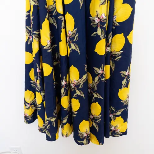 Womens Maxi Skirt Size S Navy Yellow Lemon Print Coastal Resort Maximalist Boho Blue