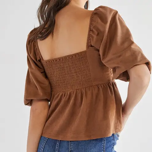 francesca's Miami Payton Faux Suede Pleated Blouse Brown Sz L Size L
