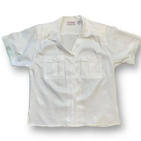 Vintage Elle’s Belles Button Down Shirt Short Sleeve White Sheer Collared Top Size 14