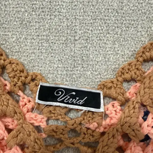 Vivid Crochet Top with Fringe in Tan and Pink Brown Size M