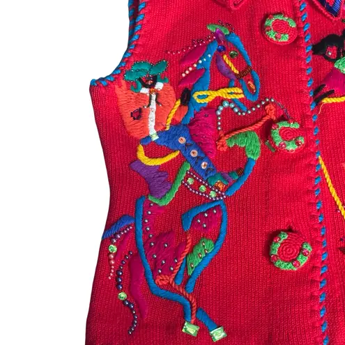 Michael Simon Bright Cherry Red Sleeveless Embroidered Cardigan Beaded Horse Size M