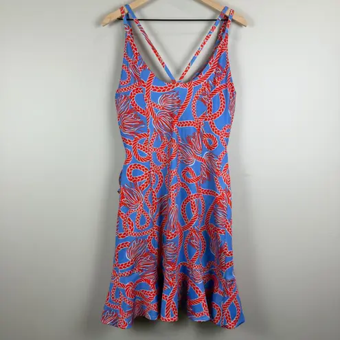 Gretchen Scott Jersey Swelt Dress Womens S Blue Red Ruffle Hem Tassle Time Scuba