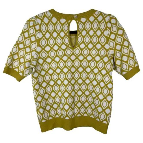 Maeve Anthropologie Harmon Jacquard Yellow Cream Sweater Short Sleeve Size XS