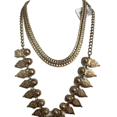Macys Gold Tone Zipper Y Necklace Tribal Boho Choker Layered Double Strand NWT
