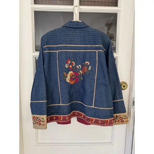 Coldwater Creek Embroidered Denim Jacket size L button collared floral