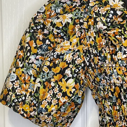 English Factory NWT Plunge Smocked Cotton Floral Mini Dress Yellow Black Blue XS