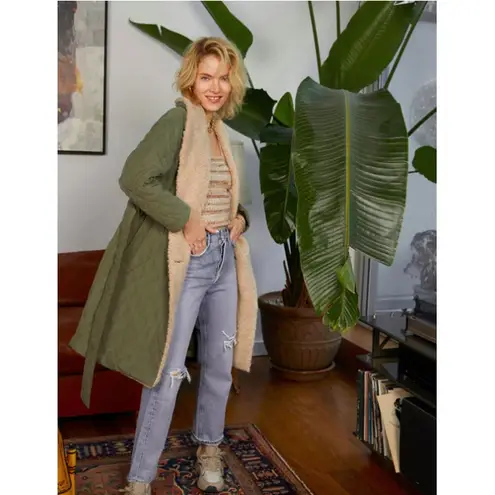 Heartloom Evaline Quilted Belted Tie Waist Sherpa Teddy Trim Coat Jacket Small