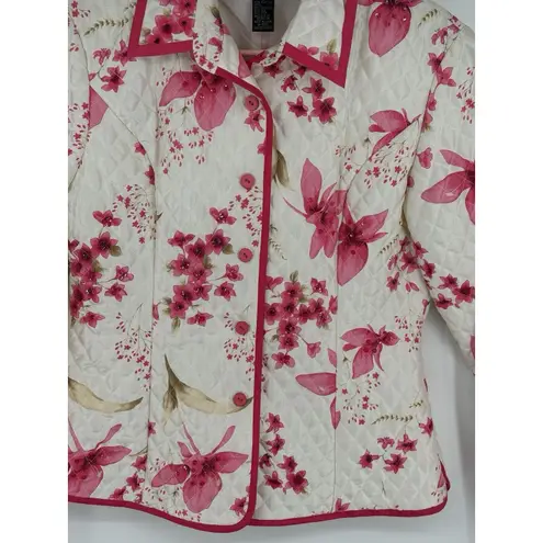 Anne Carson Women's Size Large Quilted Jacket 100% Silk Pink Floral Sequins