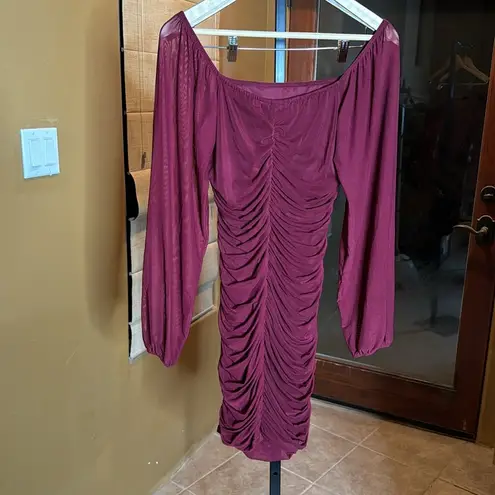 Myone Square Neck Mesh Long Sleeve Ruched Bodycon Cocktail Mini Dress Size Small Red