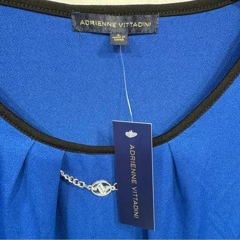 Adrienne Vittadini Blue Blouse Black Trim Short Sleeves Silver Logo Detail