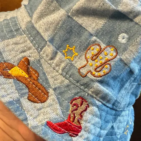 Urban Outfitters  Denim Poppy Checkered Cowboy Cowgirl Embroidered Bucket Hat
