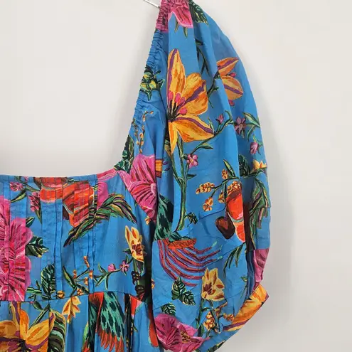 Farm Rio Toucans Garden Blue Floral Puff Sleeve Open Back Midi Dress XS