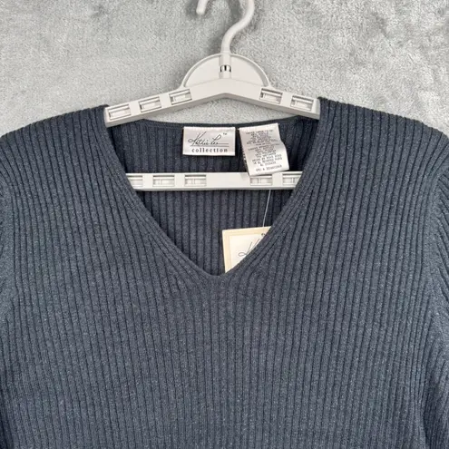 Kathie Lee Collection Knit Top Black Short Sleeve Ribbed V Neck Metallic Large