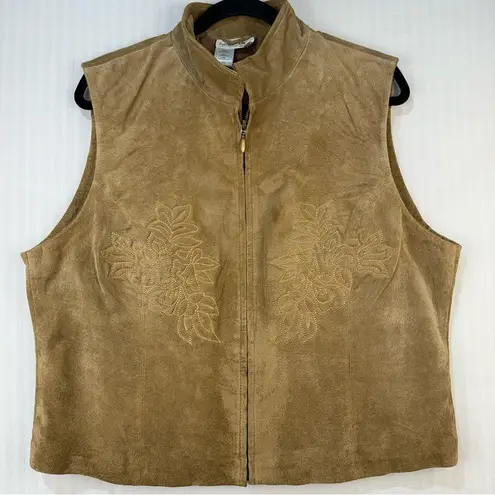 Coldwater Creek Vintage Suede Leather Vest X-Large Floral Embroidery Full Zip