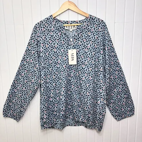 Veda Blue and Brown Puff Sleeve Blouse Lightweight Size L Size L