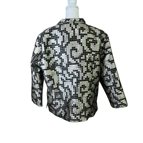 CONNIE ROBERSON Silk Silver Metallic Topper Jacket Blazer Open Jacquard Sz Large Black