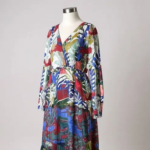 Anthropologie Hutch Tosha Multicolor Floral Tiered Maxi Dress Women's 4 Long Sleeve‎ V-Neck