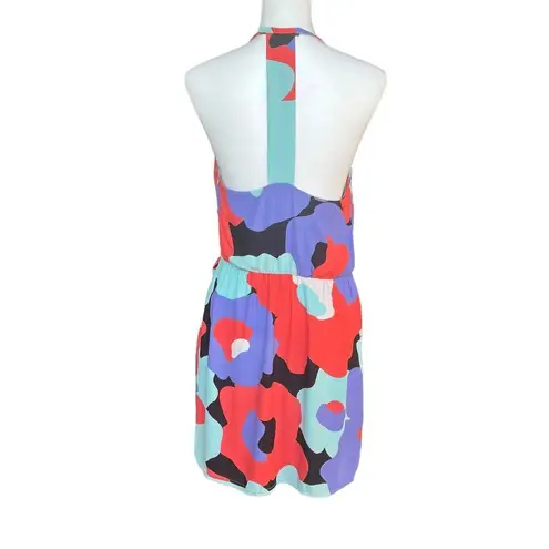 Annie Griffin Halter Neck T Back Faux Wrap Short Dress Purple Aqua Print Size 10