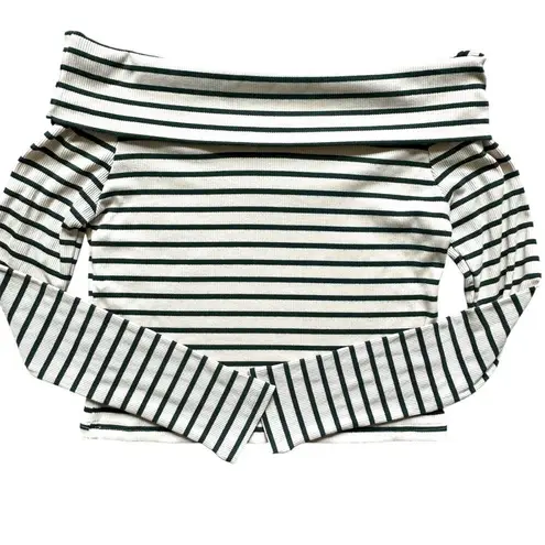 Miou Muse Womans Striped off the shoulder Top Size M Green Beige Ribbed Stretch Size M