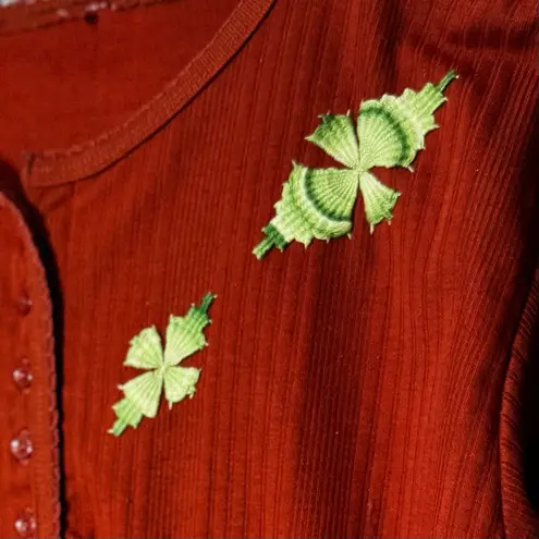 CHIC Burnt Orange Rust Long Sleeve Green Floral Geometric Embroidered Top No Tag Size M