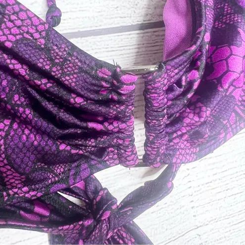 Attention NWT Purple & Black Floral Lace Print Chain Halter Bikini Top Size XL