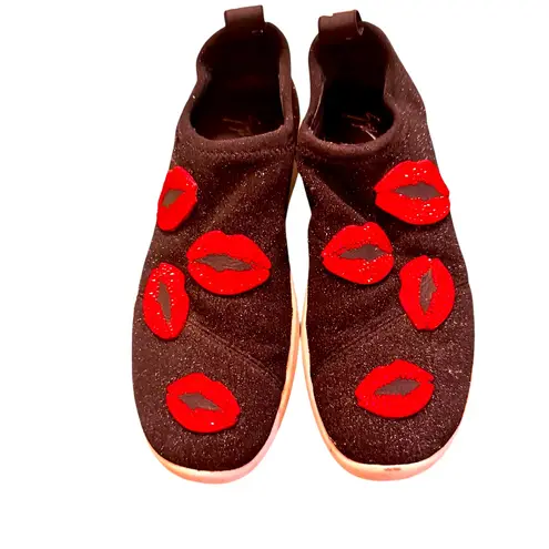 Giuseppe Zanotti Natalie Red Lip Crystal Sneakers Black Glitter Slip-On 36.5 GUC