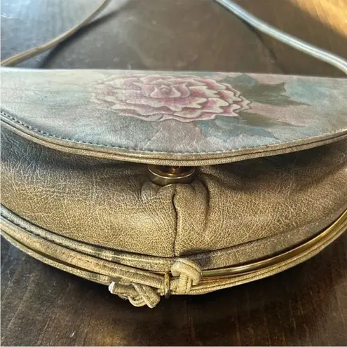 Fancy Nancy 80s Vintage Hand Painted Floral Leather Crossbody Purse Handbag Gold