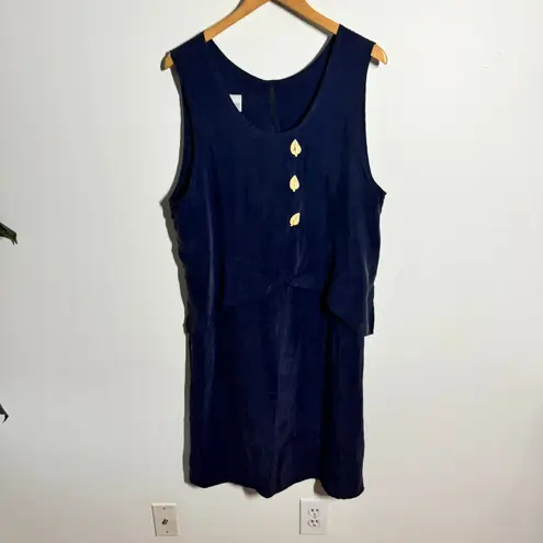 Nina Piccalino Dress 14 Navy Blue Leaf Button Tie Lagenlook Bemberg Minimal Size L