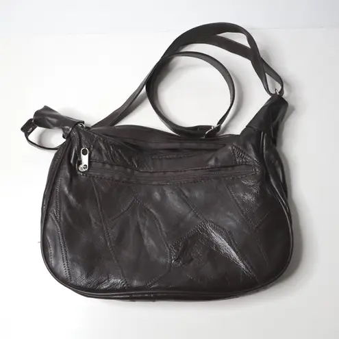 Dark Brown Smooth Leather* Patchwork Bag Purse Zip‎ Pockets Minimalist Boho Chic