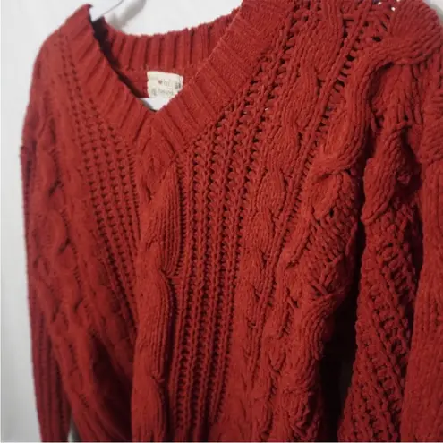 NWT: Poof! Apparel Rust Chenille Cable Knit V-Neck Sweater