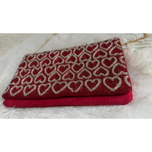 Francesca Clutch Evening Bag Gold Red Beaded Heart Chain Shoulder Strap NWT