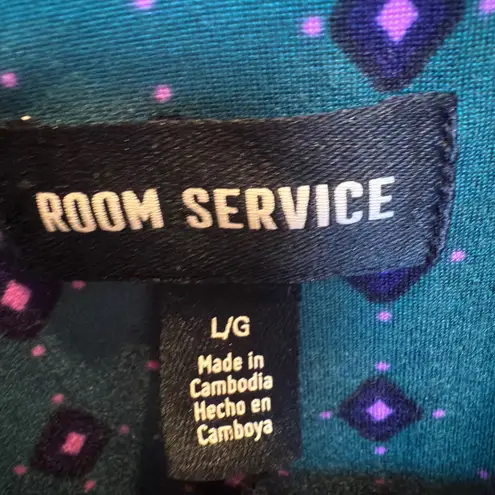 Room Service Womens Pajama Set L Green Pink Floral Loungewear Sleepwear Size L