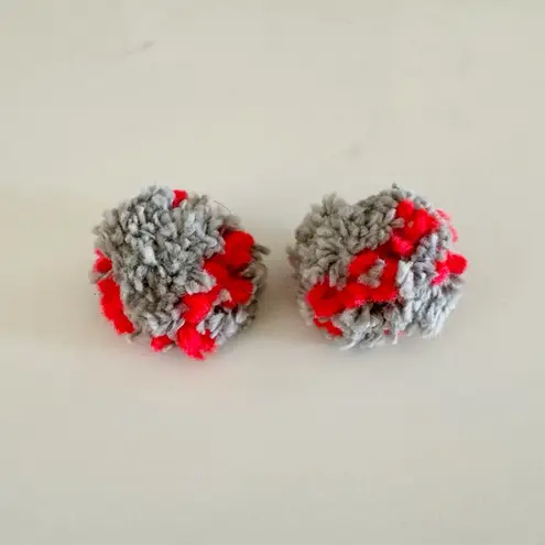 Handmade Cozy Gray & Red Pom Pom Boho Chunky Knit Yarn Earrings, Stud Post Back