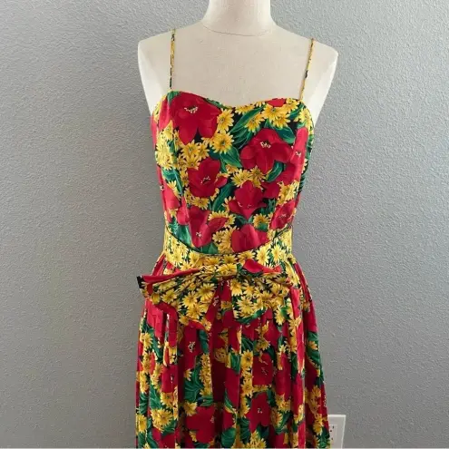 Vintage Antonia Collection Sunflower Midi Dress‎ Size 8 Belt with bow Red
