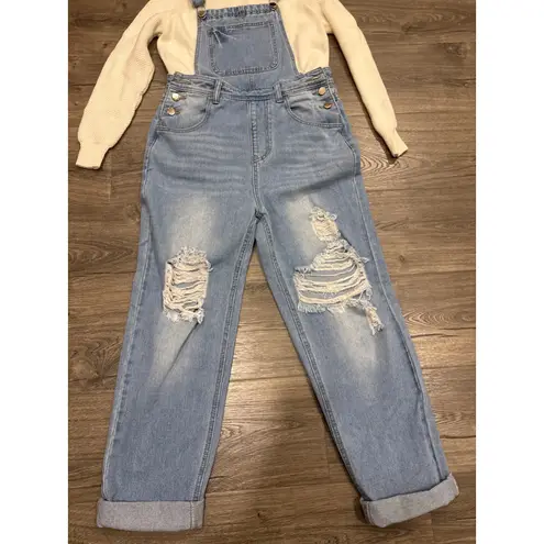 Womens Distressed Denim Jean Overalls Light Wash Relaxed Fit Cropped Leg Size S Blue