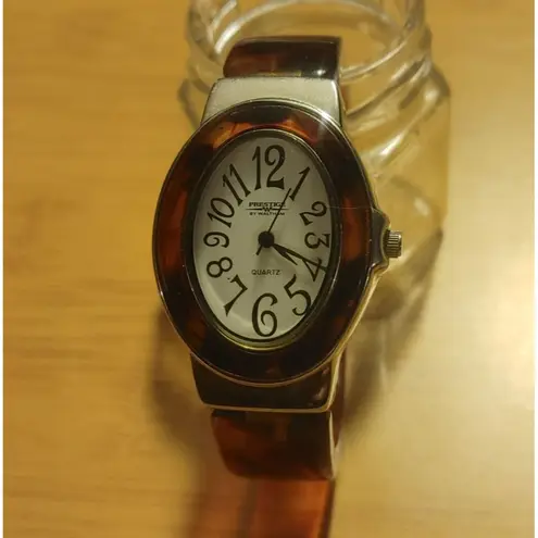 Watch Cuff Prestige Waltham Quartz Vintage Tortoiseshell Stainless Steel Back Silver