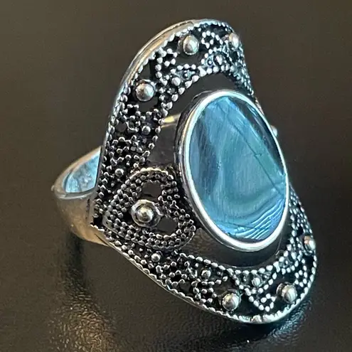 Black obsidian S925 antique silver statement ring