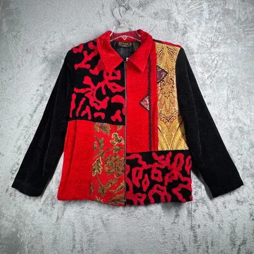 Alex Kim Jacket Womens M Red Black Gold Patchwork Tapestry Boho Artsy Size M