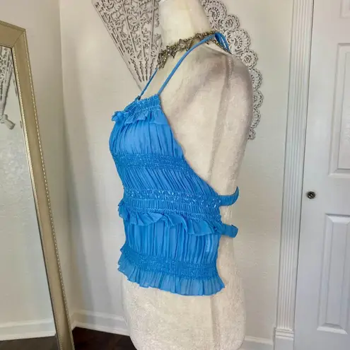 Early 2000's Blue Glitter Ruffle Frilly Cropped Open Back Halter Top M Size M