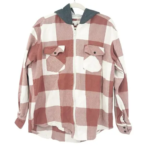 Cleo + Wolf Womens Fall Buffalo Plaid Hooded Flannel Shirt Jacket Shacket Size M Brown Size M